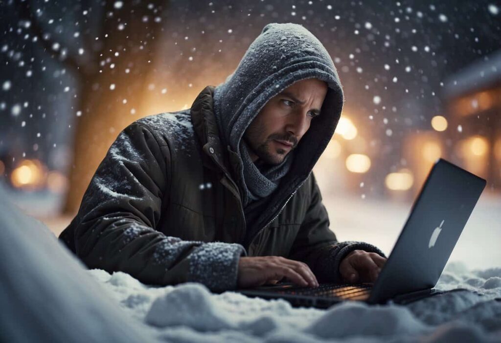 A figure types at a computer amidst a blizzard, snow swirling outside. The screen illuminates their face as they send an email