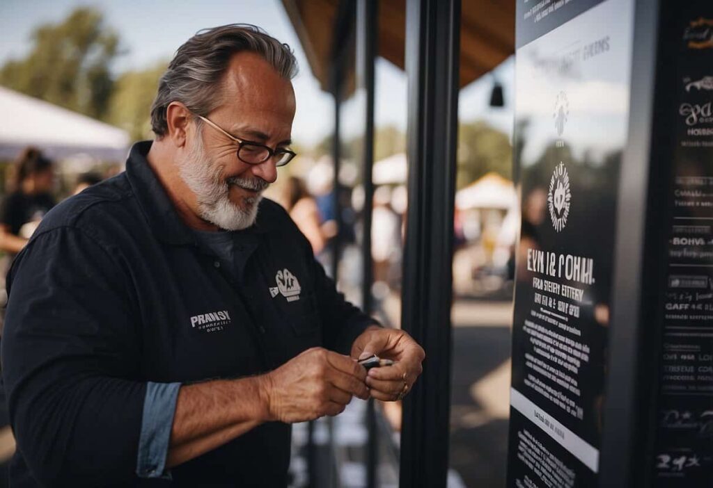 A local business owner placing their company logo on a community event poster, while networking with other local business owners