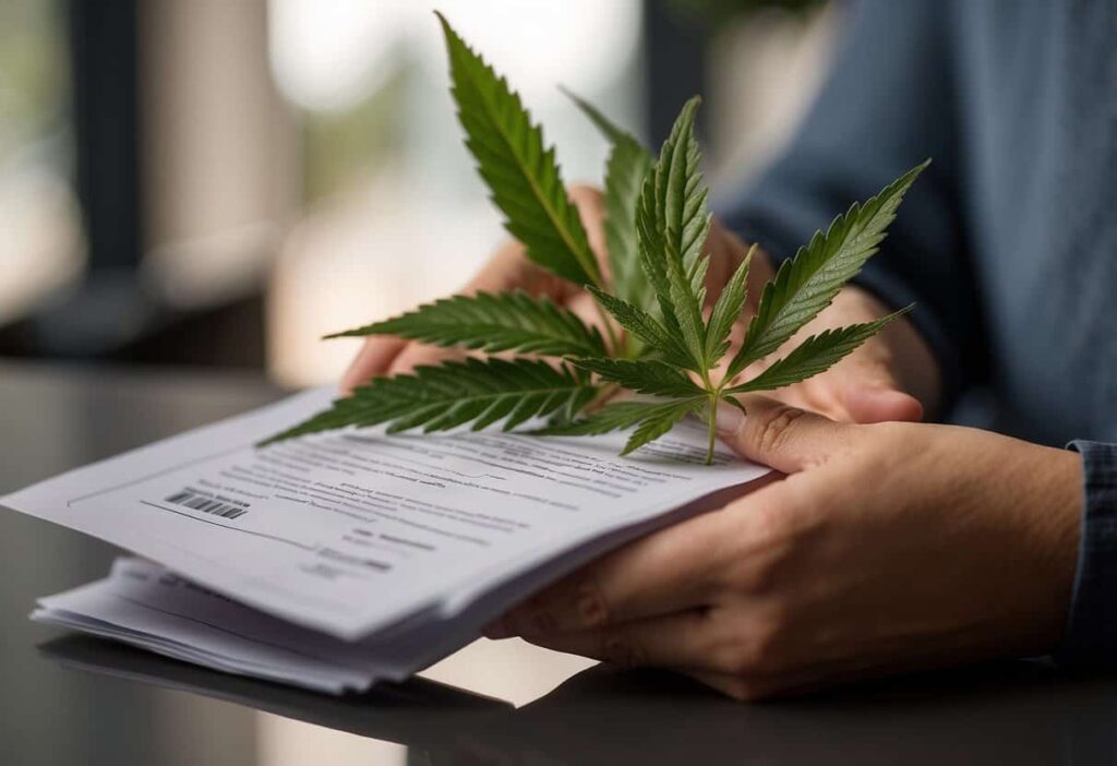 A person holding a CBD product with legal documents in the background, representing compliance in CBD content marketing