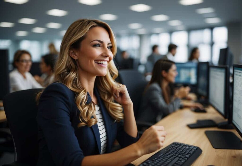 Women cheer at computer in office