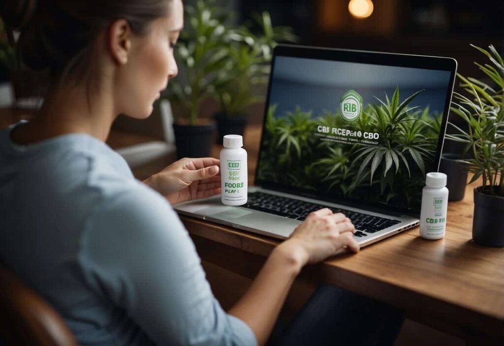 A person browsing through various CBD products with a PPC marketing agency logo in the background, representing the process of selecting the right product to boost sales