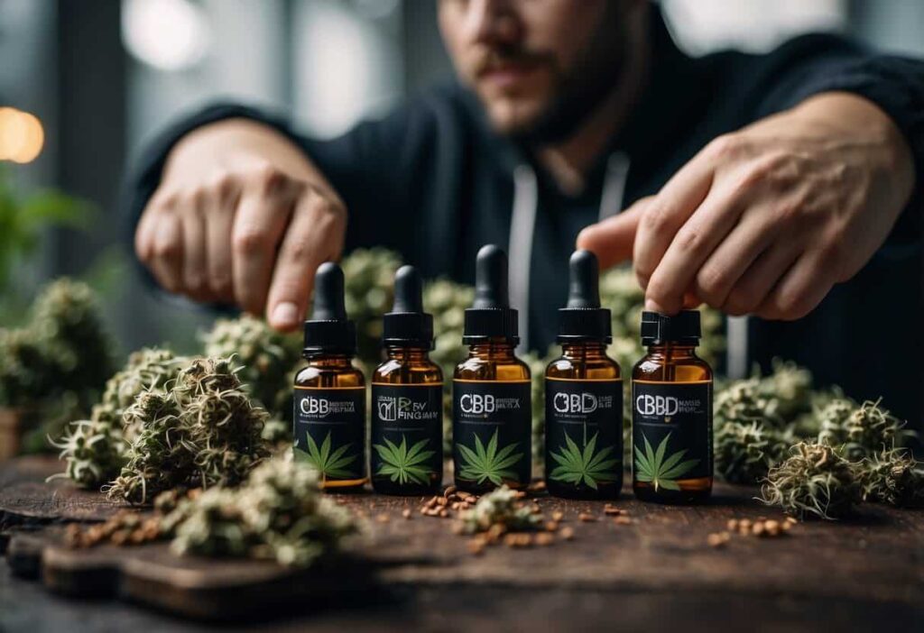 Influencers holding CBD products, surrounded by social media logos and cannabis plants