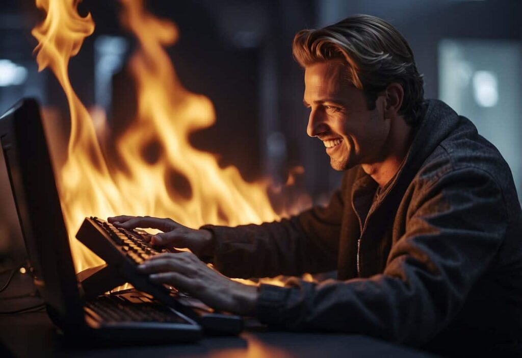 A figure joyfully ablaze, typing on a computer