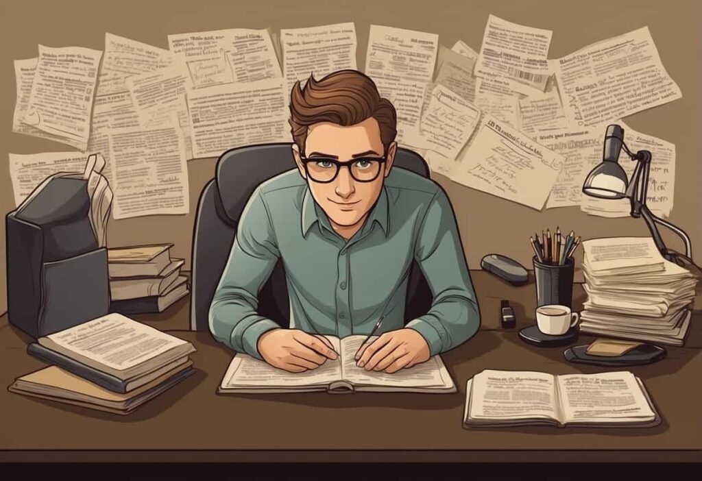 A writer sits at a desk, surrounded by notebooks and a laptop. They carefully select words and phrases, crafting the perfect guest post for a blog