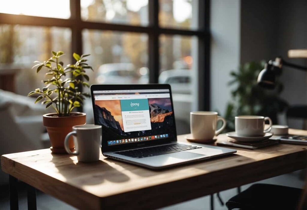 Cozy, well-lit workspace with laptop, notes, and coffee. Content creation for business growth. Screen shows blog editor with text and images