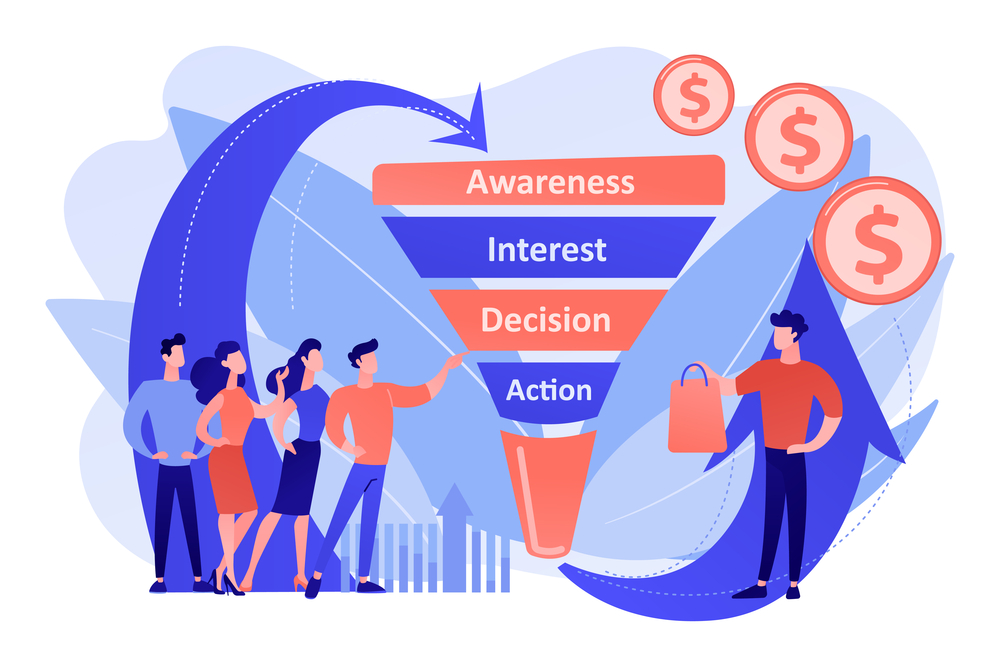 Sales funnel stages, potencial customers, buyer with purchase. Sales funnel management, customer journey representation, sales funnel stages concept. Living coral bluevector isolated illustration