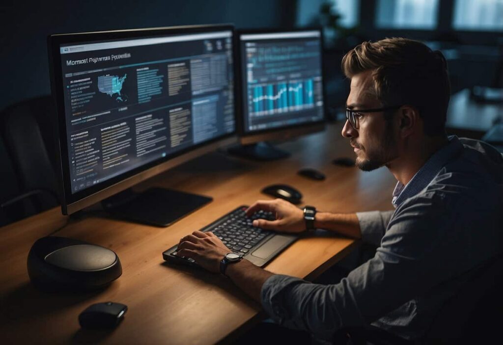 A person scrolling through a computer screen with various websites and blogs, highlighting and circling potential guest post opportunities