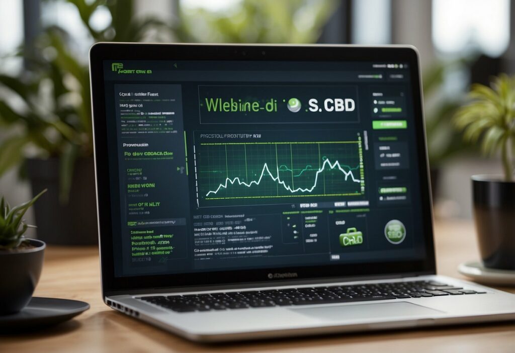 A computer screen displaying a website with "CBD SEO" prominently featured. Various SEO tools and techniques are visually represented around the screen