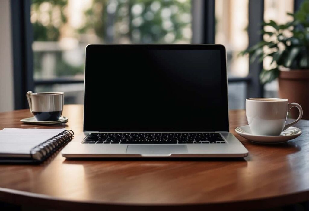 A laptop open on a desk with a blank email template displayed, surrounded by a cup of coffee and a notepad with pen
