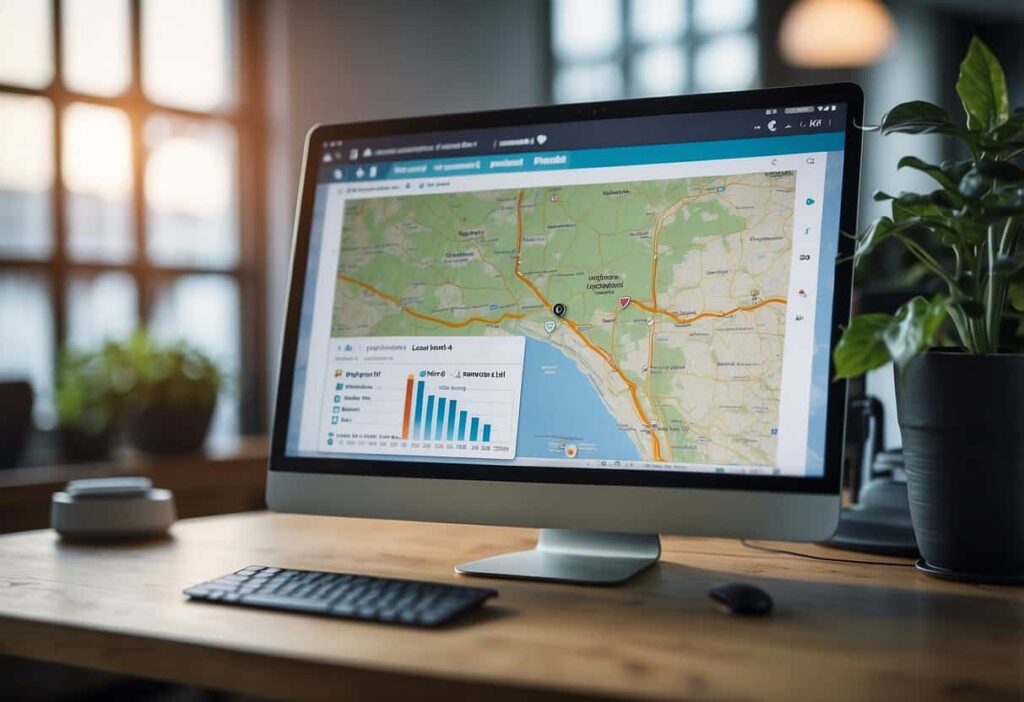 A computer screen displaying a graph of local SEO performance metrics, with a map of the local area in the background