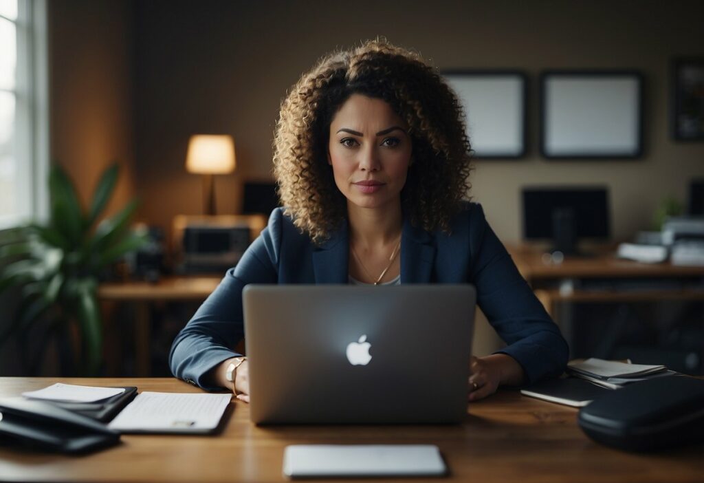 A woman sits at her desk, typing on her computer, her expression serious as she sends an email