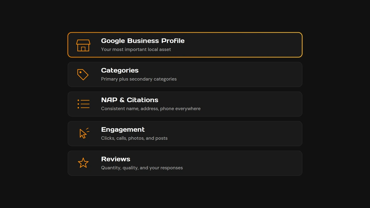 Navigation menu showing Google Business Profile, Categories, NAP & Citations, Engagement, and Reviews options in a dark dashboard; Google Profile highlighted.