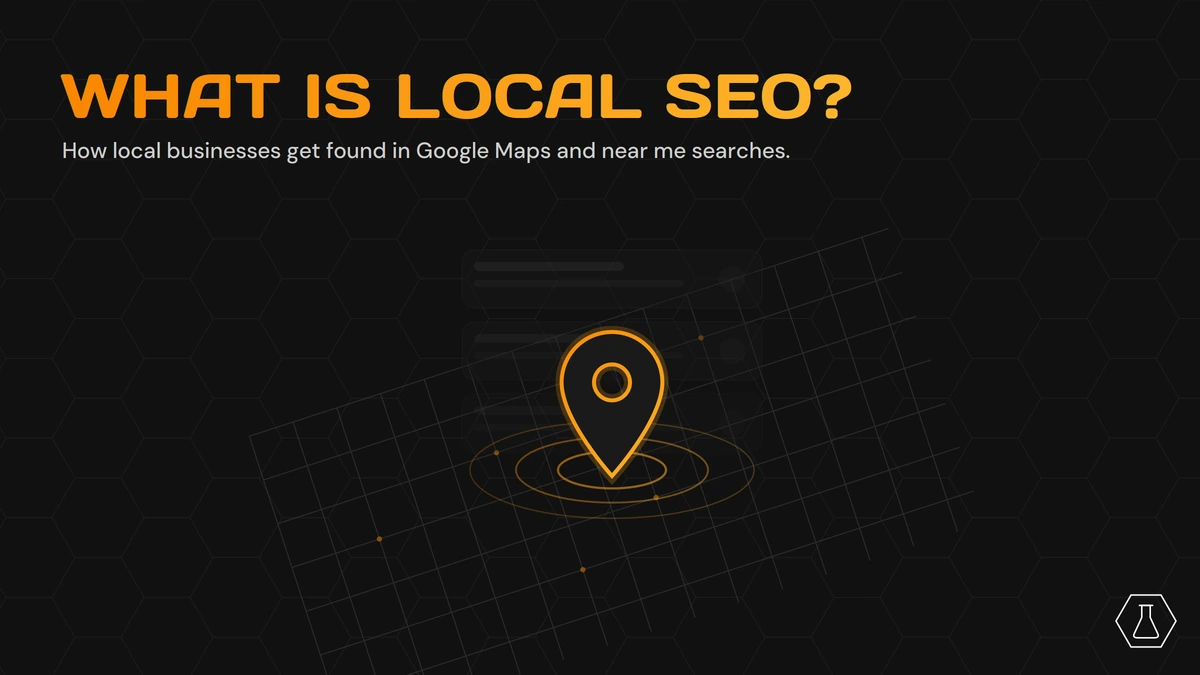 Illustration of an orange map pin with concentric rings on a dark hex-pattern background, for Local SEO overview.