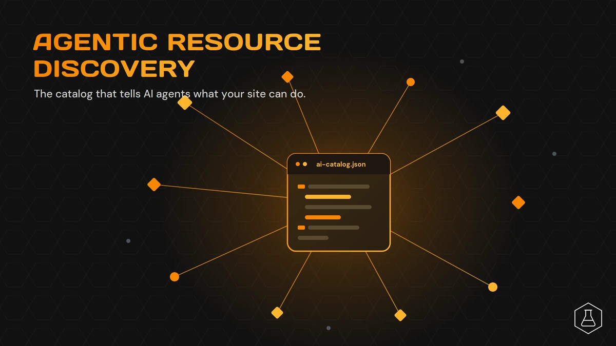 Hero graphic with orange network lines radiating from a central rounded code panel labeled 'ai-catalog.json' on a dark hex-pattern background. Title reads 'Agentic Resource Discovery'.