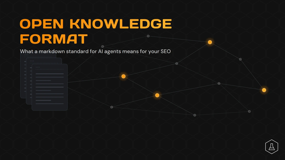 Knowledge graph of linked nodes growing from a stack of markdown files, illustrating the Open Knowledge Format.