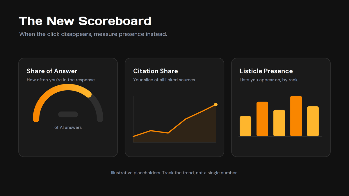 The New Scoreboard title and subtitle on a dark background, with three cards showing Share of Answer gauge, Citation Share line chart, and Listicle Presence bar chart.