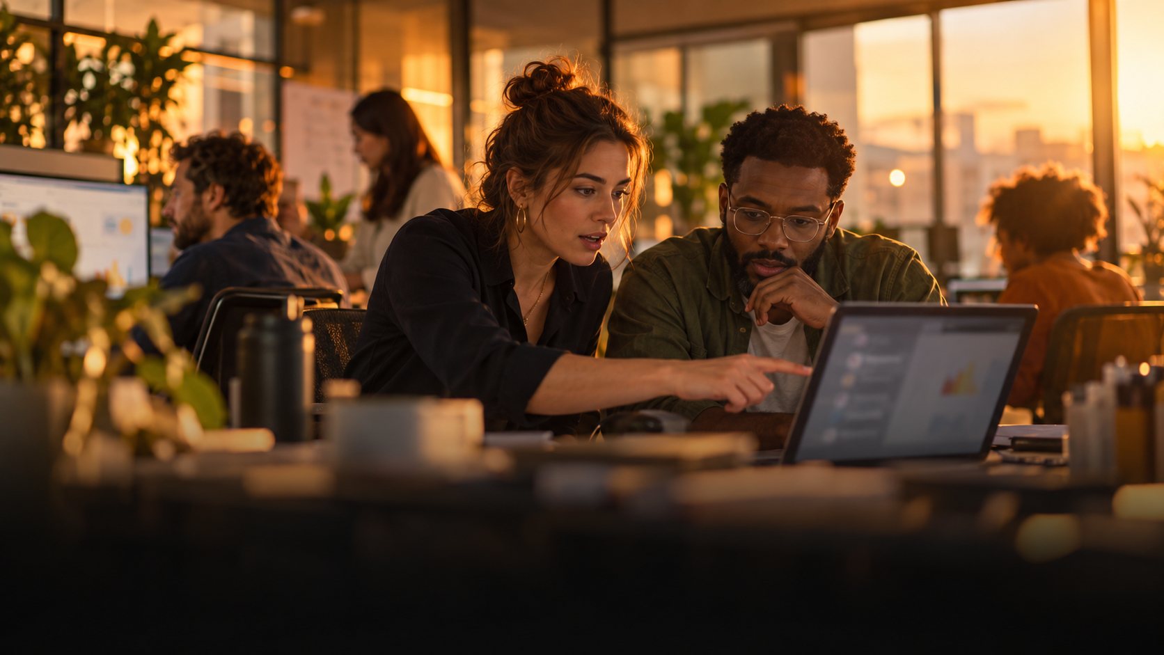 Two strategists at a laptop reviewing AI search visibility results