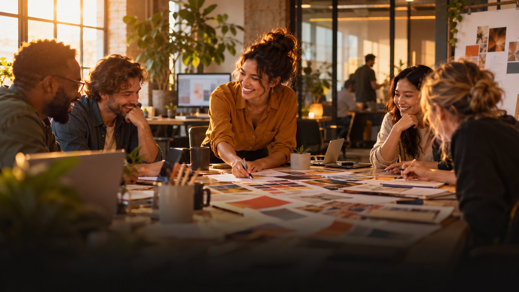 Creative team laughing during a brainstorm over mood-board swatches