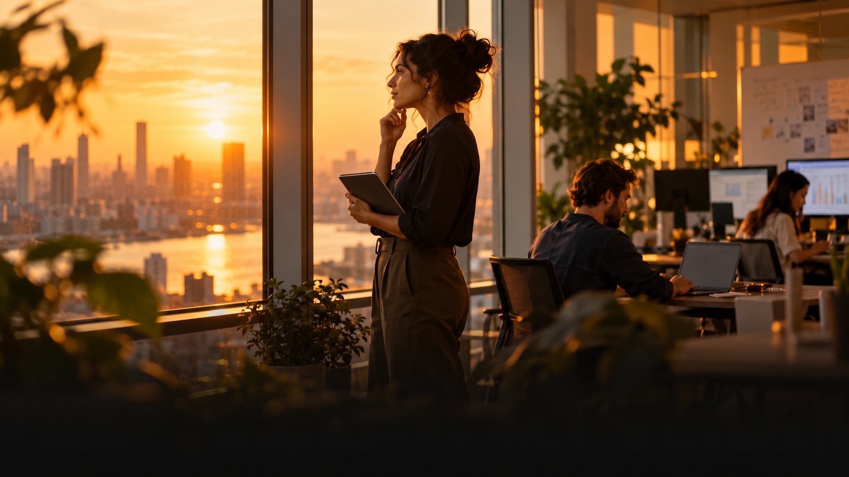 Strategist holding a tablet at a sunset office window overlooking the city