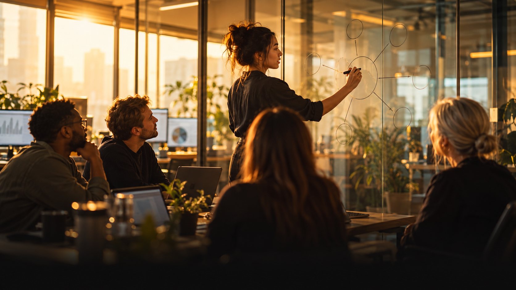 Strategist drawing a hub-and-spoke diagram on a glass wall for her team