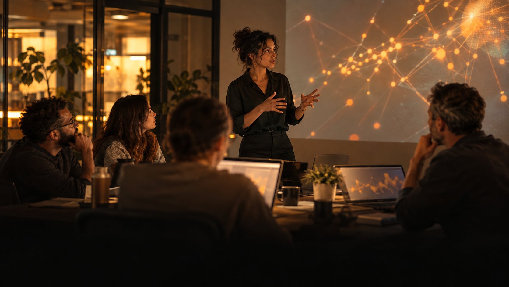 Strategist presenting a glowing network visualization to her team