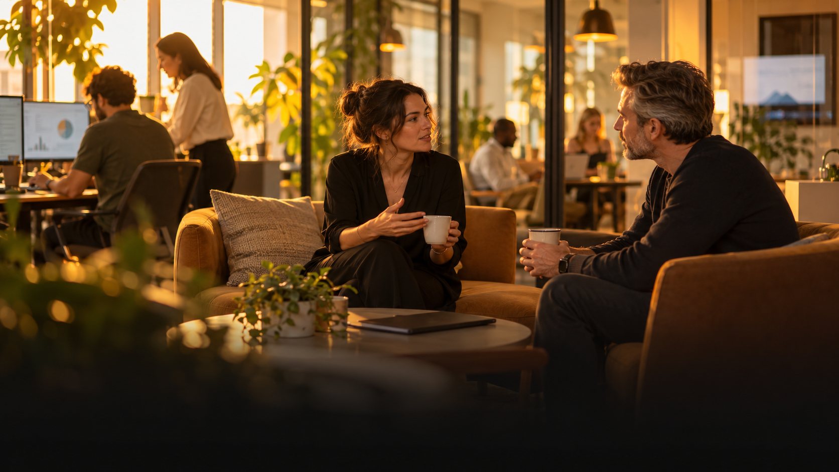 Agency lead and client in a relaxed coffee conversation in an office lounge