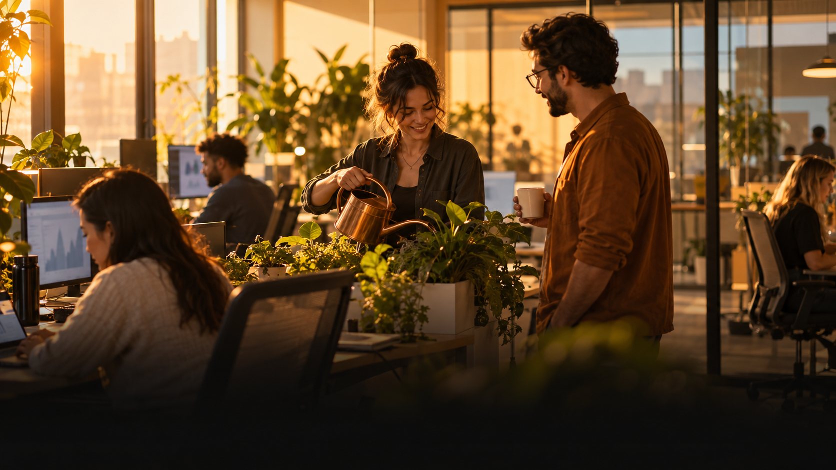 Growth marketer watering office plants while chatting with a colleague