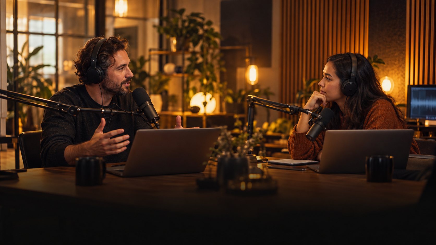Two podcast hosts recording with microphones in a warm-lit studio