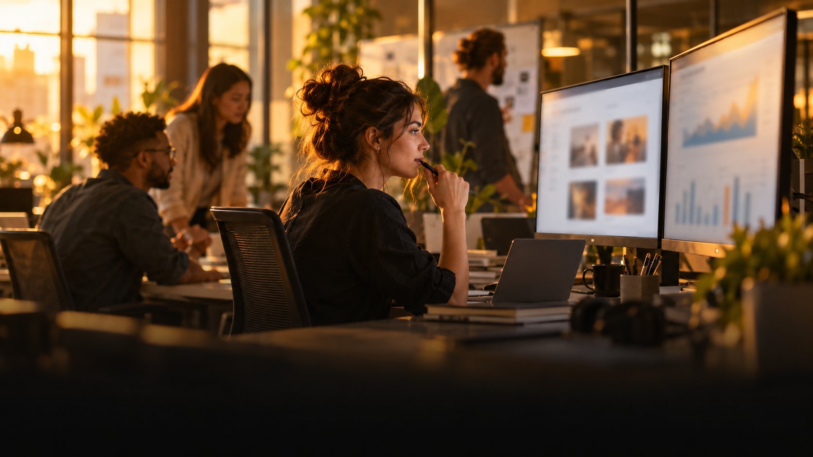 PPC specialist thinking while comparing ad variations on dual monitors
