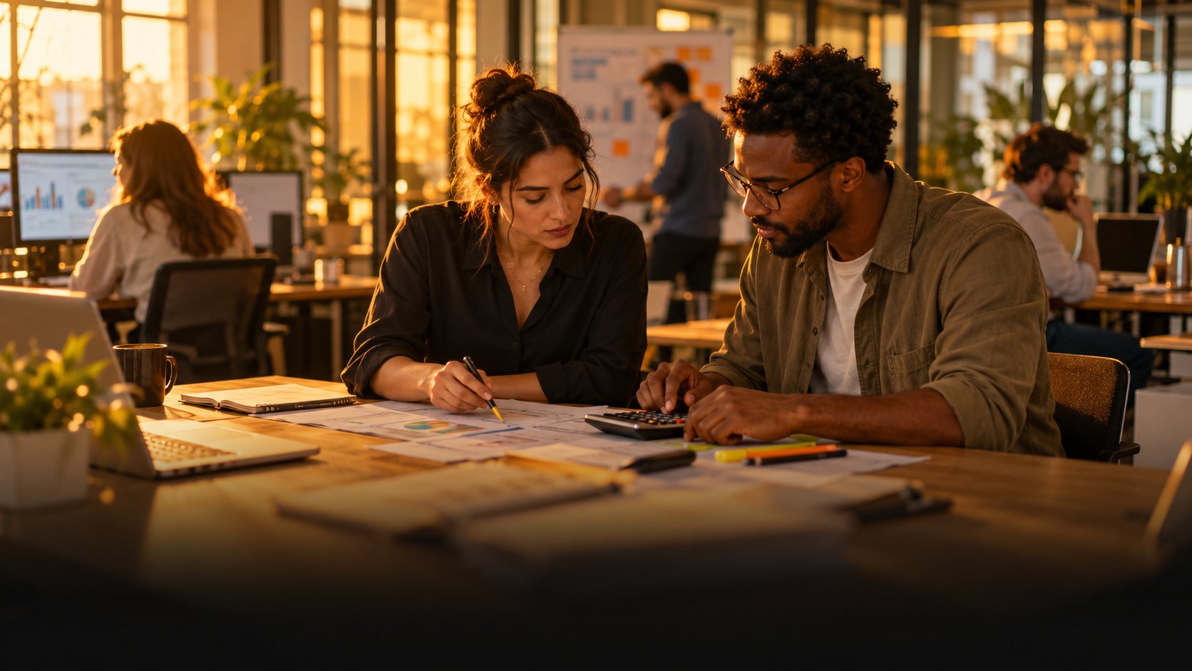 Two planners with a calculator and printed spreadsheet mapping a PPC budget