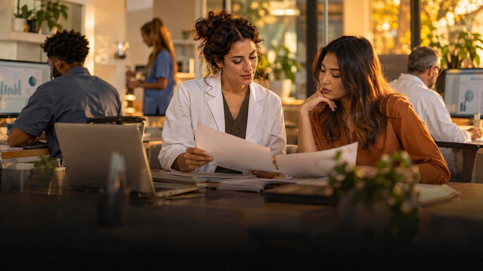 Clinician in a white coat reviewing printed drafts with a content strategist