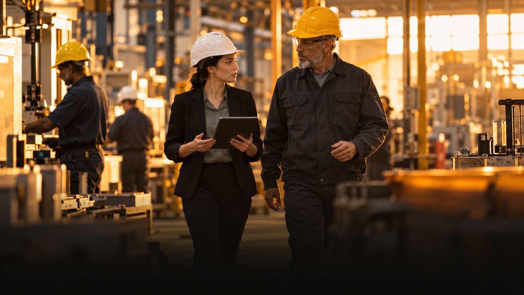 Marketer with a tablet walking a factory floor with a plant manager, both in hard hats