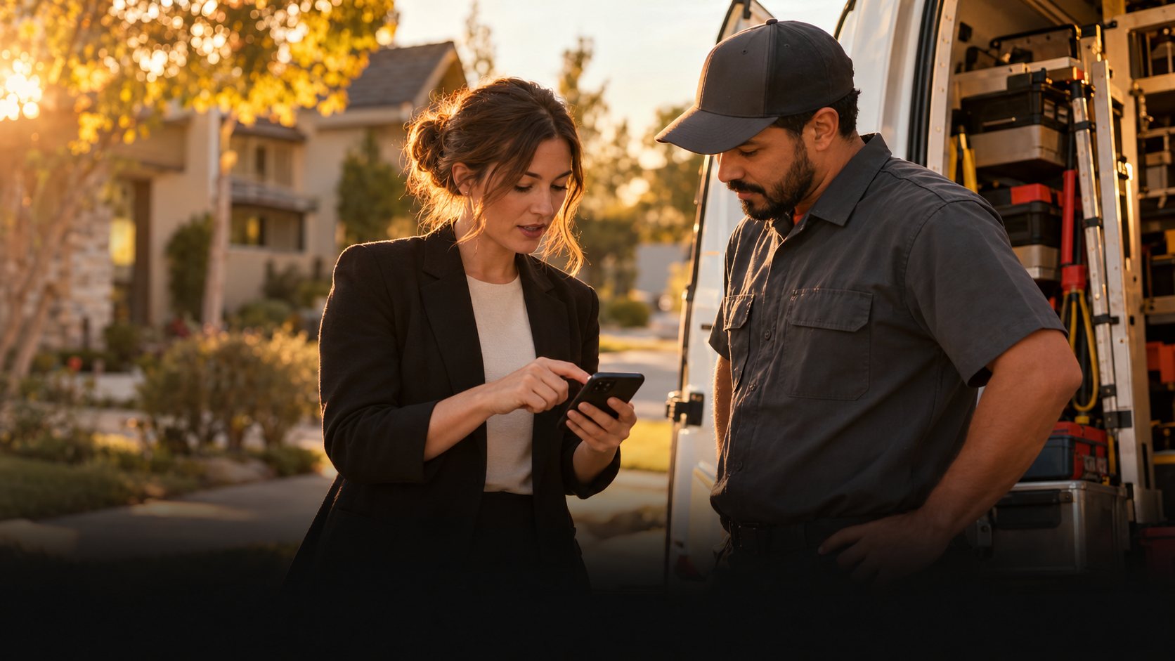 Marketer showing local search results on a phone to a technician beside a service van