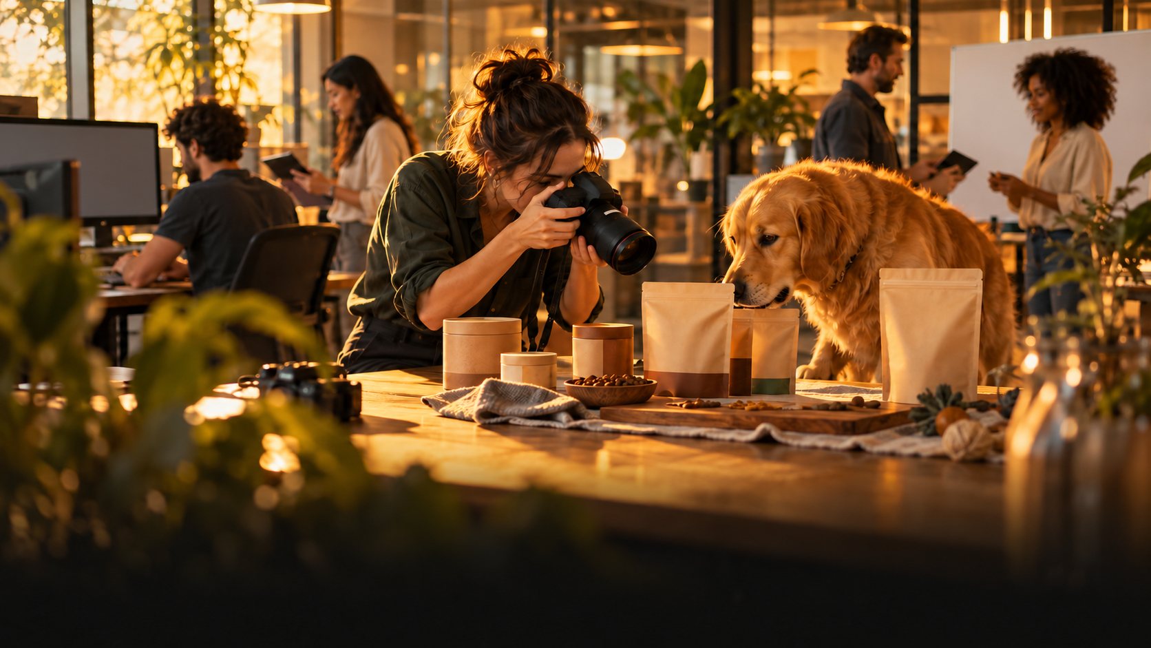 Marketer photographing pet products while a golden retriever sniffs the packaging