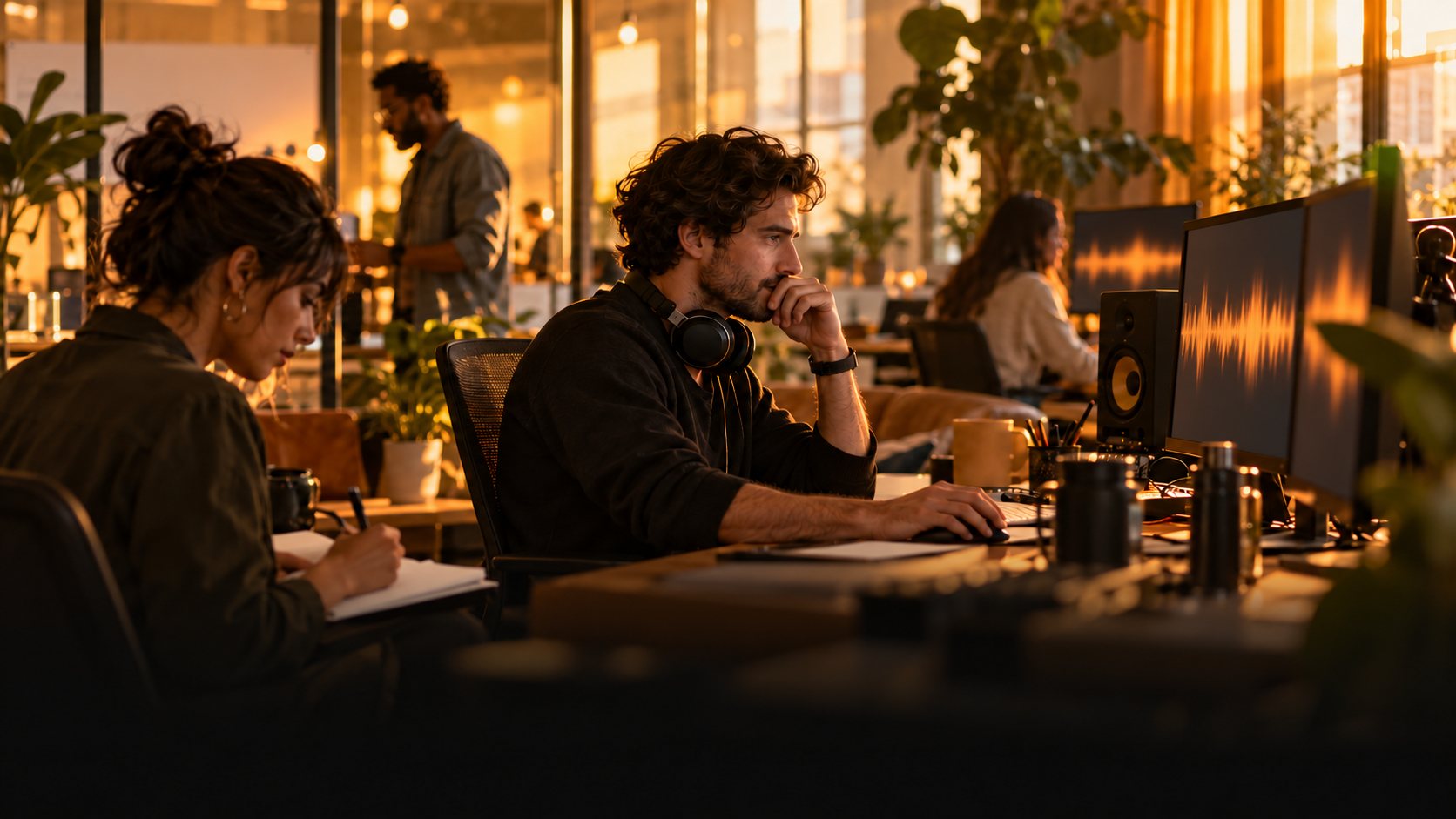 Producer with headphones at an audio editing desk beside a note-taking colleague