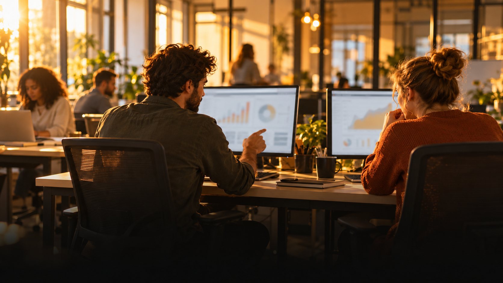 Two specialists at side-by-side monitors comparing SEO and PPC performance charts