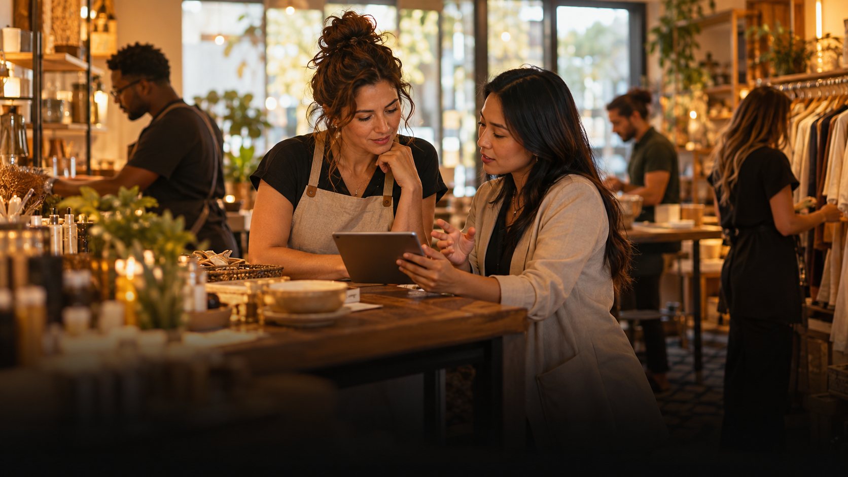 Boutique owner reviewing a tablet with a visiting marketer