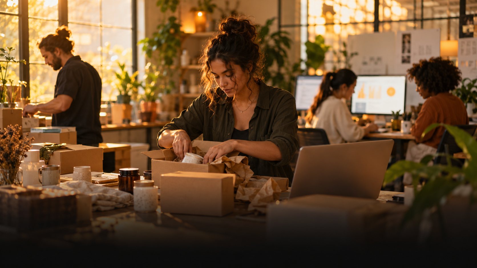 Founder packing product orders in shipping boxes in a sunlit studio