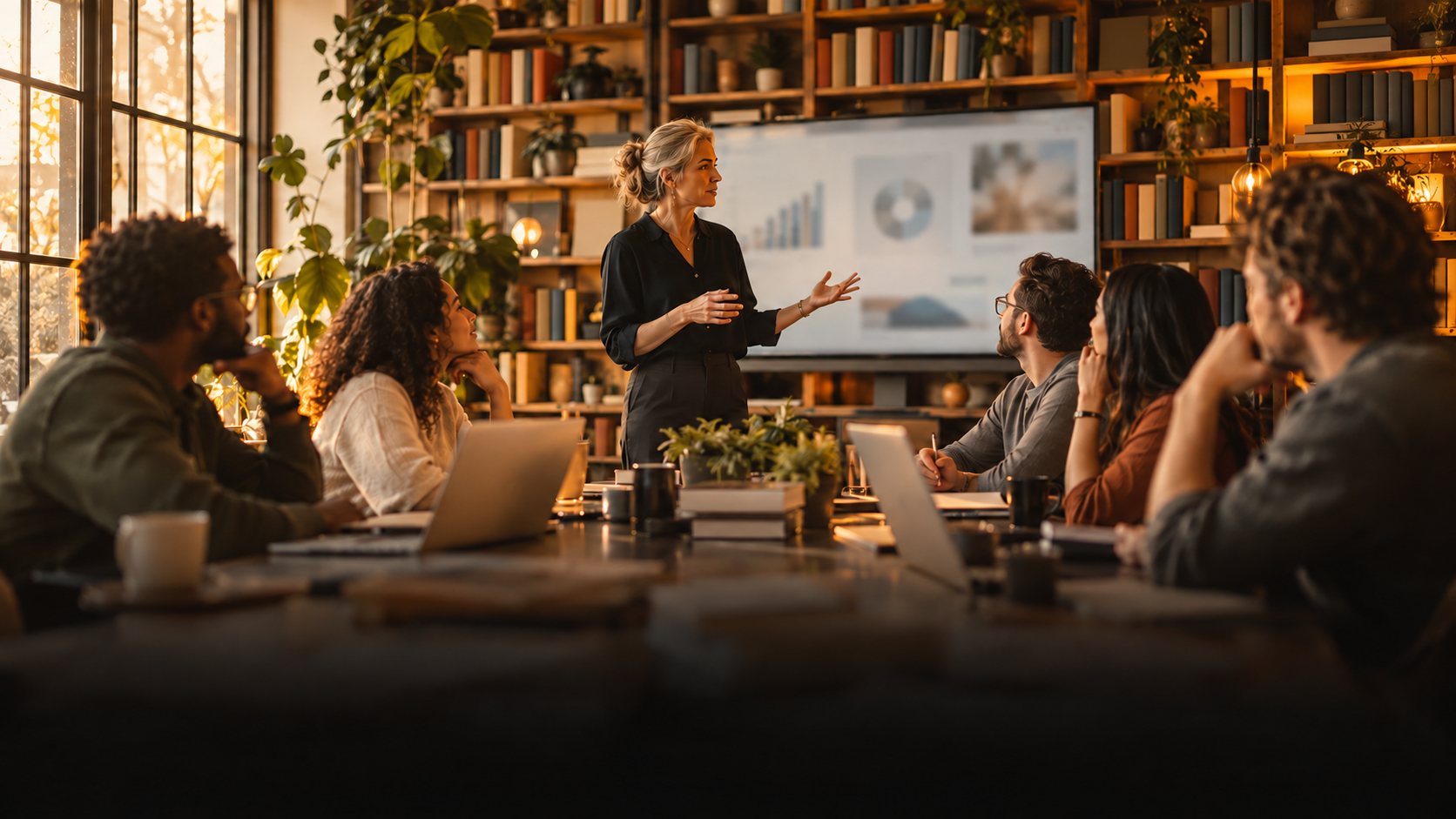 Senior strategist presenting to a team in a library-style meeting room