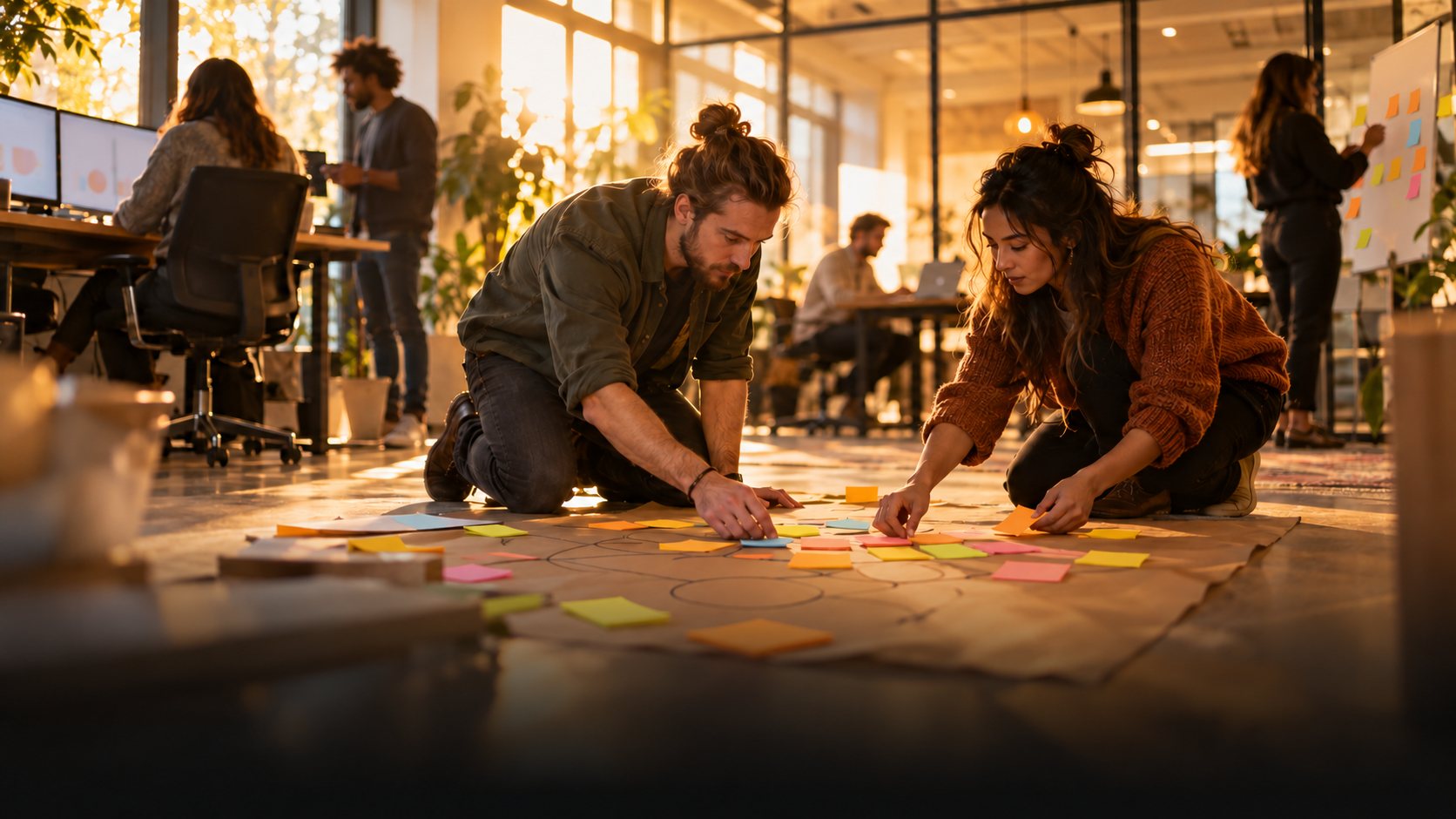 Two marketers arranging sticky notes into a topical map on the floor