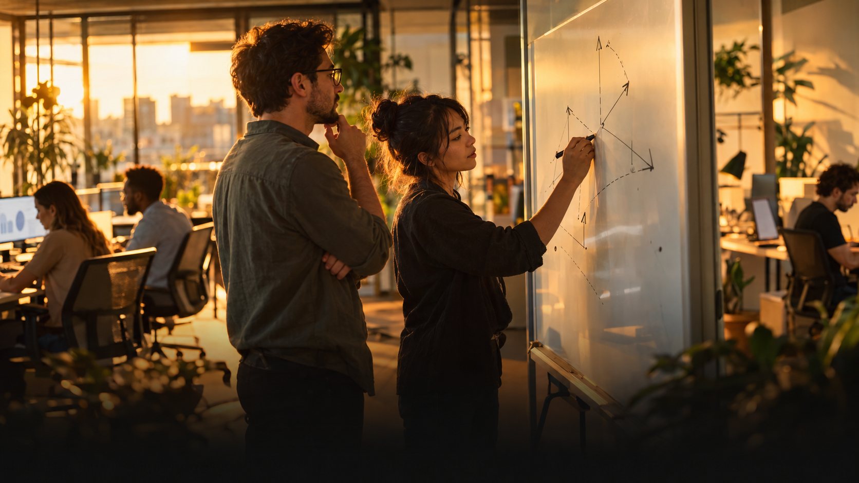 Two colleagues sketching vector diagrams on a whiteboard