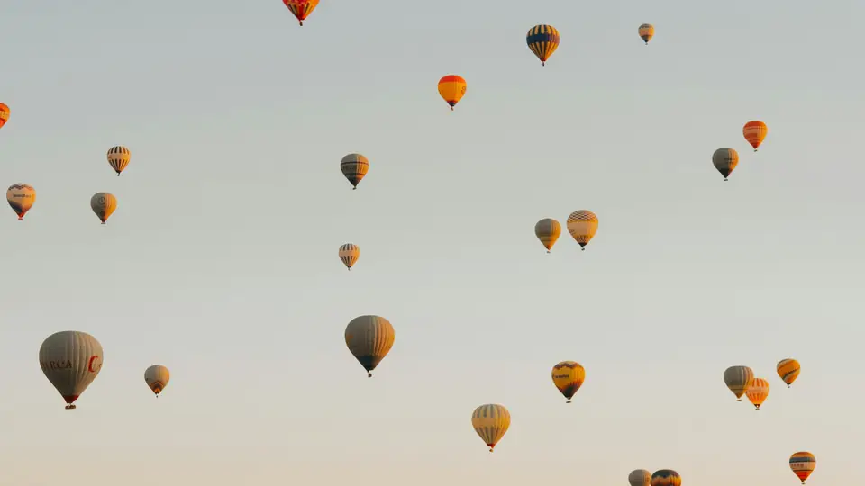 Hot air balloons rising into a pale sunrise sky