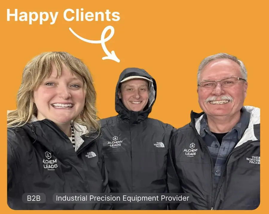 Three smiling clients wearing AlchemyLeads jackets