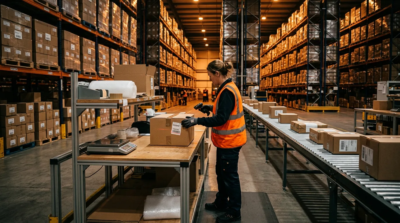 Warehouse associate scanning a packed order at a 3PL fulfillment packing station