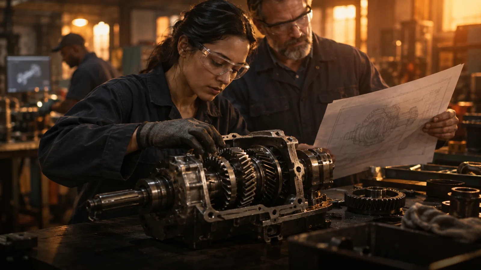 Engineer inspecting a precision aerospace gearbox assembly with a colleague