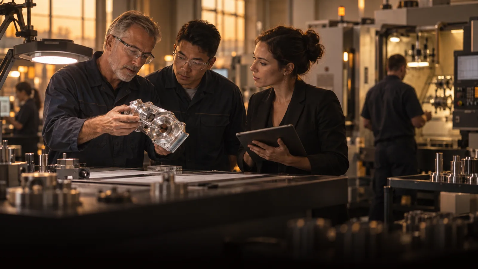 Engineers reviewing a precision-machined component in a manufacturing facility