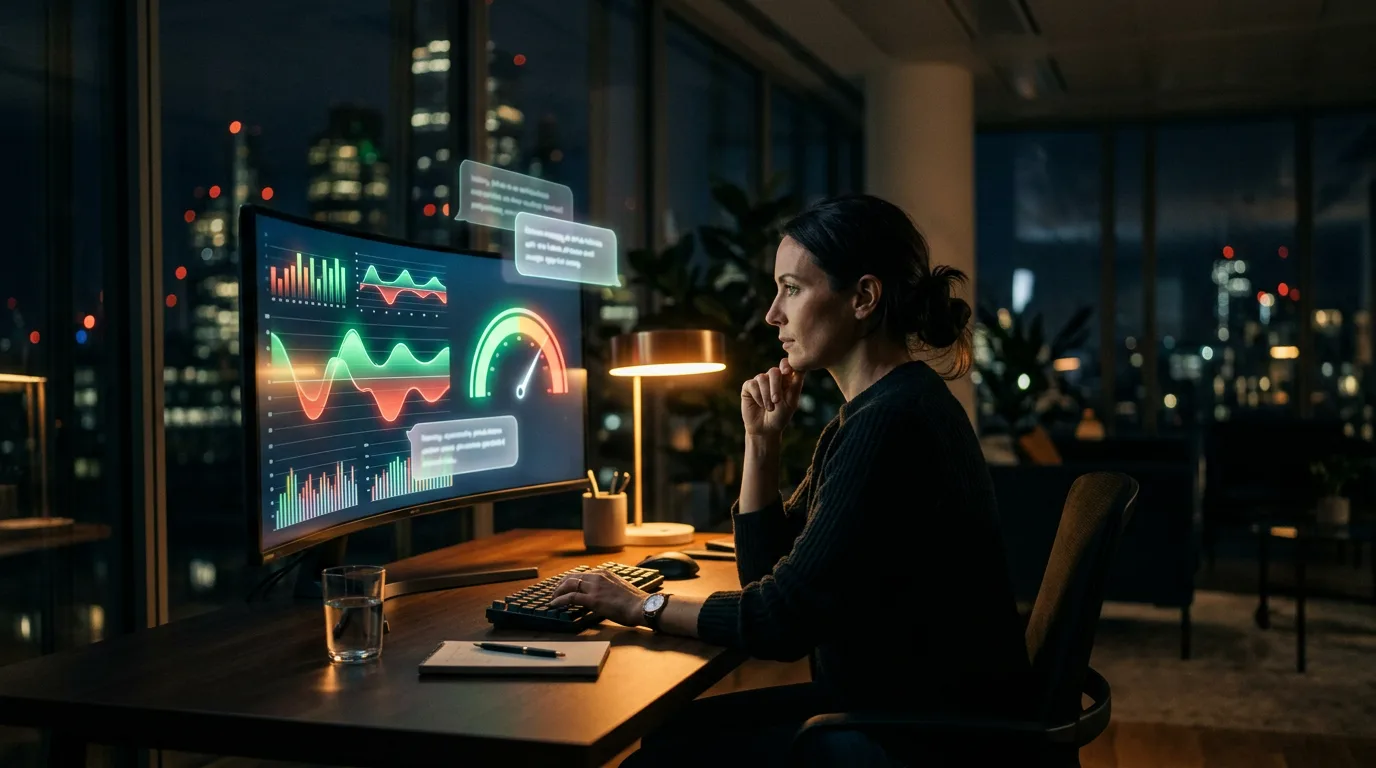 Marketing strategist reviewing AI brand sentiment charts and a reputation gauge on a large monitor at night