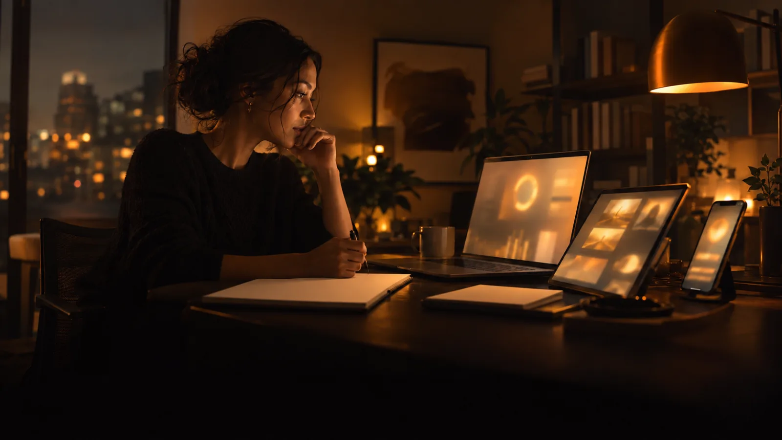 Strategist at a desk at night surrounded by a laptop, phone and tablet showing search interfaces
