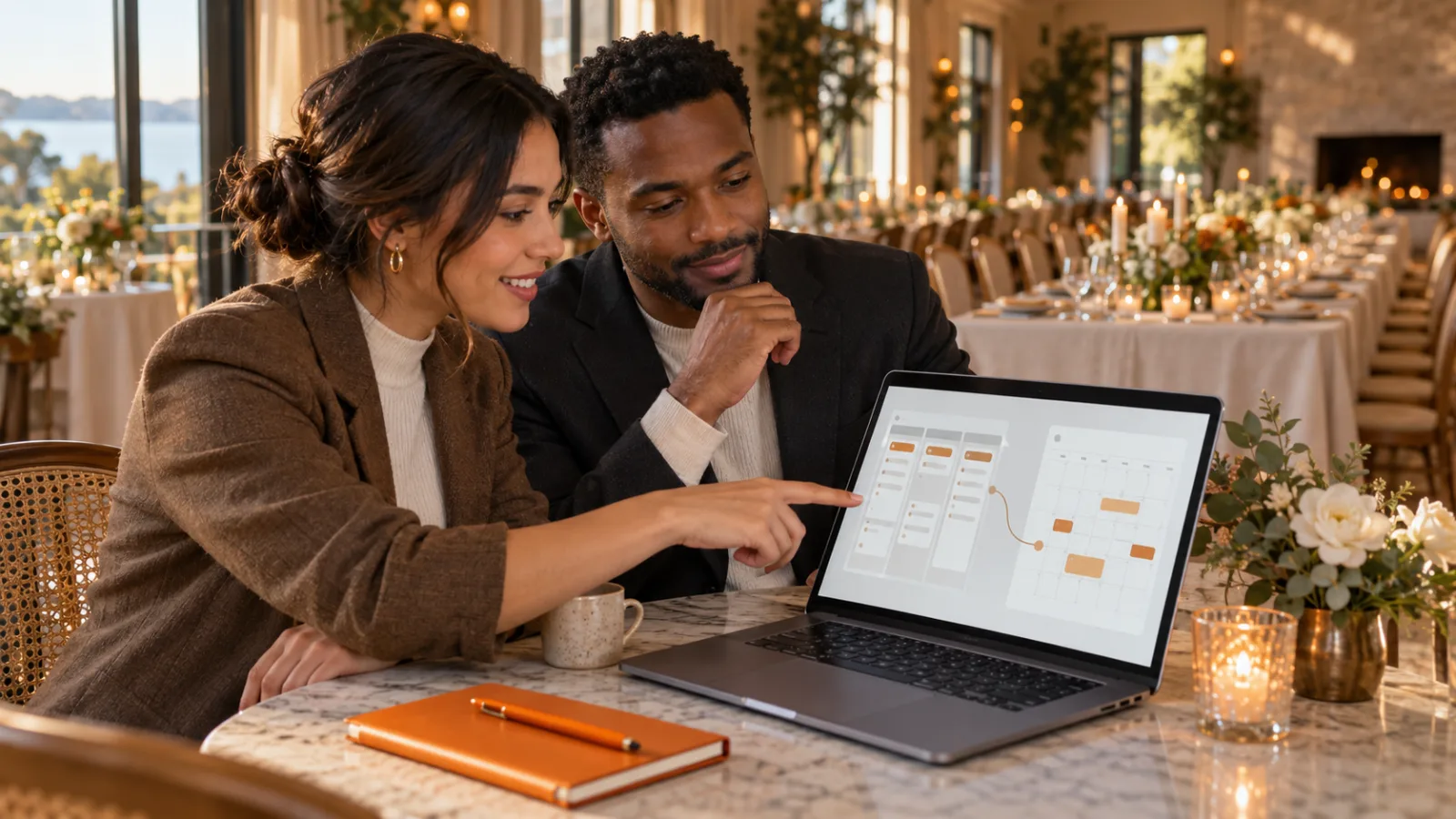 Venue sales and marketing team reviewing a connected deal pipeline and event calendar on a laptop