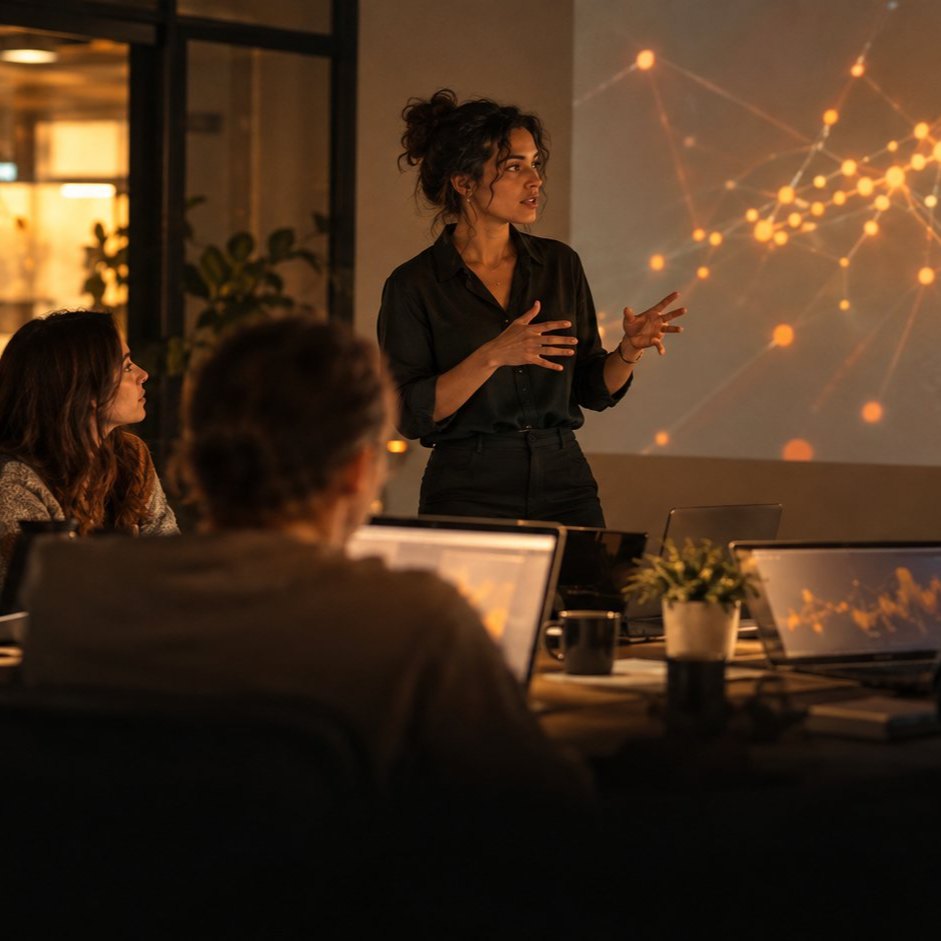 Strategist presenting a glowing network visualization to her team